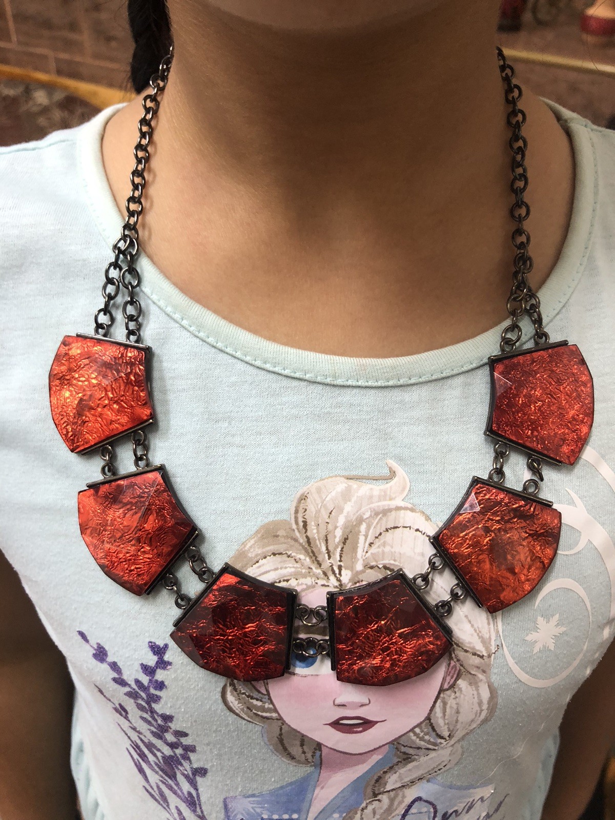Vintage Handmade Red Geometric Statement Bib Necklace Black Tone Jewelry