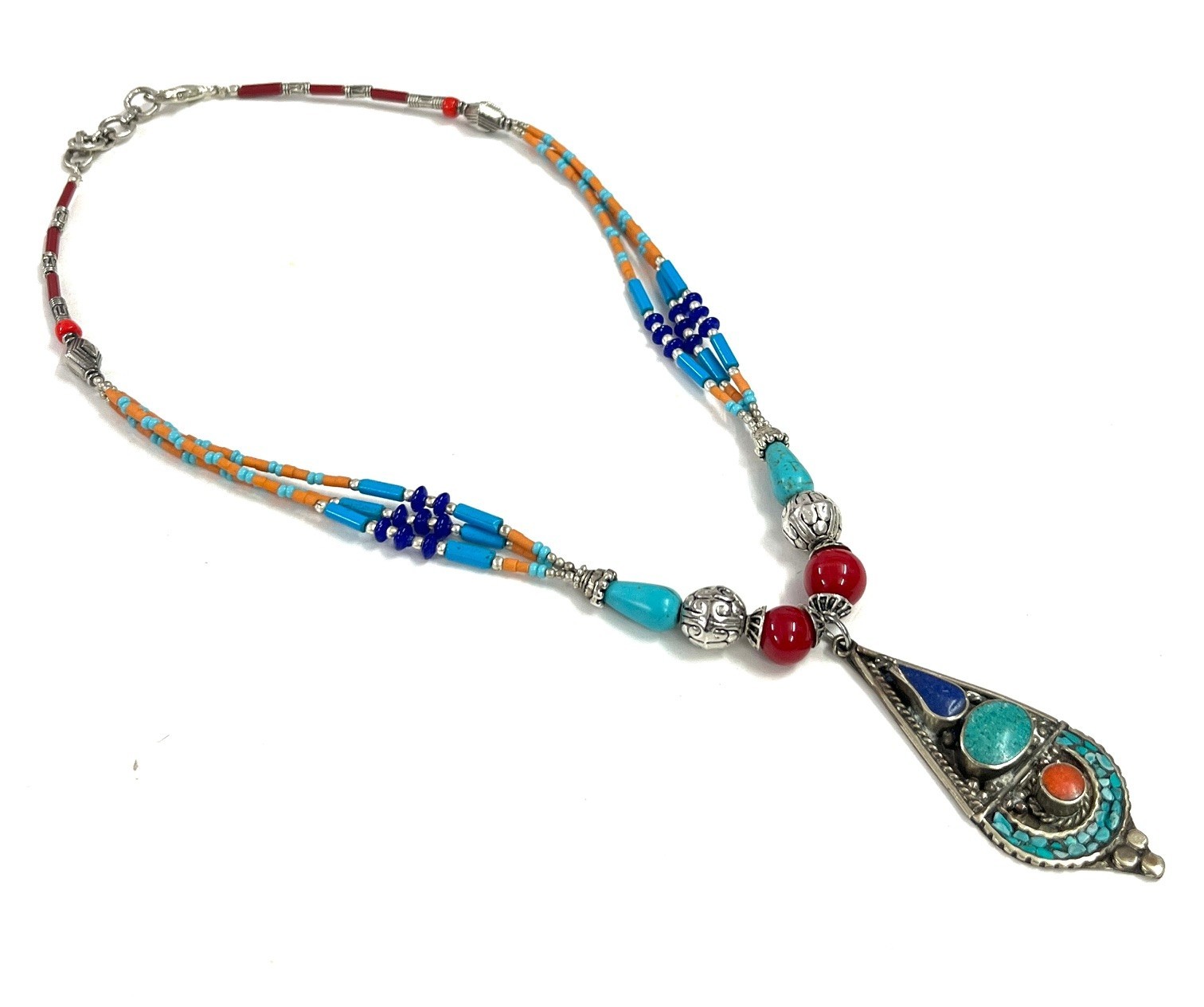 Nepalese Turquoise Coral Gemstone Tibetan Necklace Jewelry, 16 inch Adjus