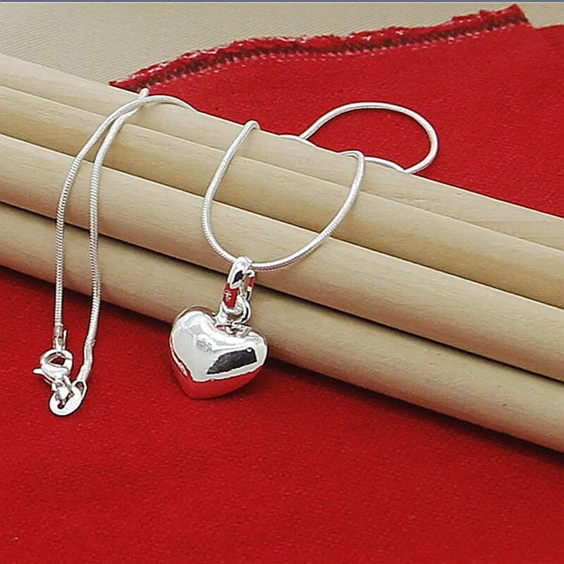 925 Sterling Silver Solid Heart Necklace 18-30 Inch Snake Chain Fashion Jewelry