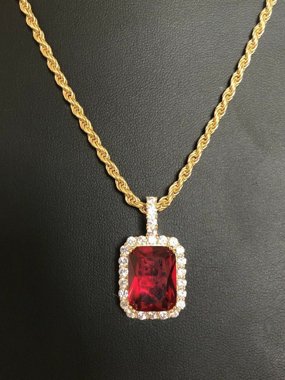 14k Gold Plated Solid 925 Silver Simulated Diamond Ruby Piece Pendant Gemstone