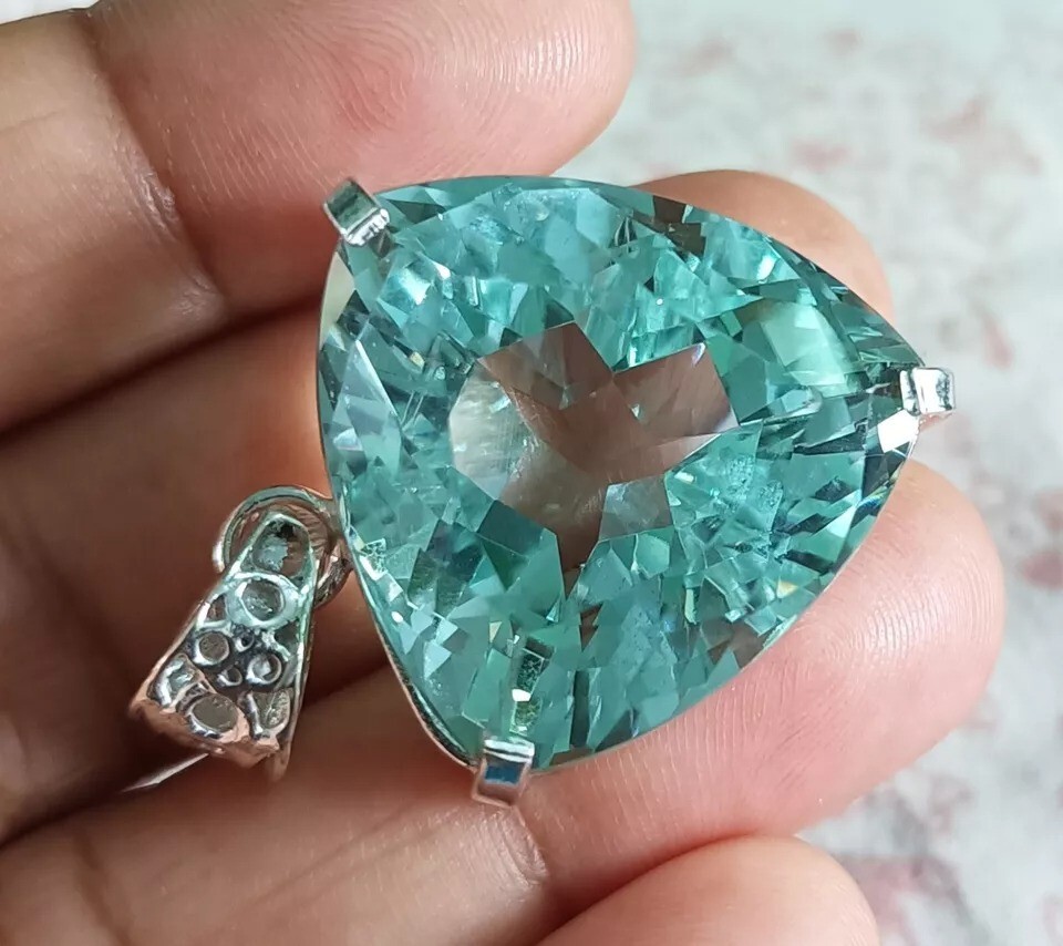 80 Ct Trillion Aquamarine Natural Topaz 925 Solid Silver Pendant Loose Gemstone
