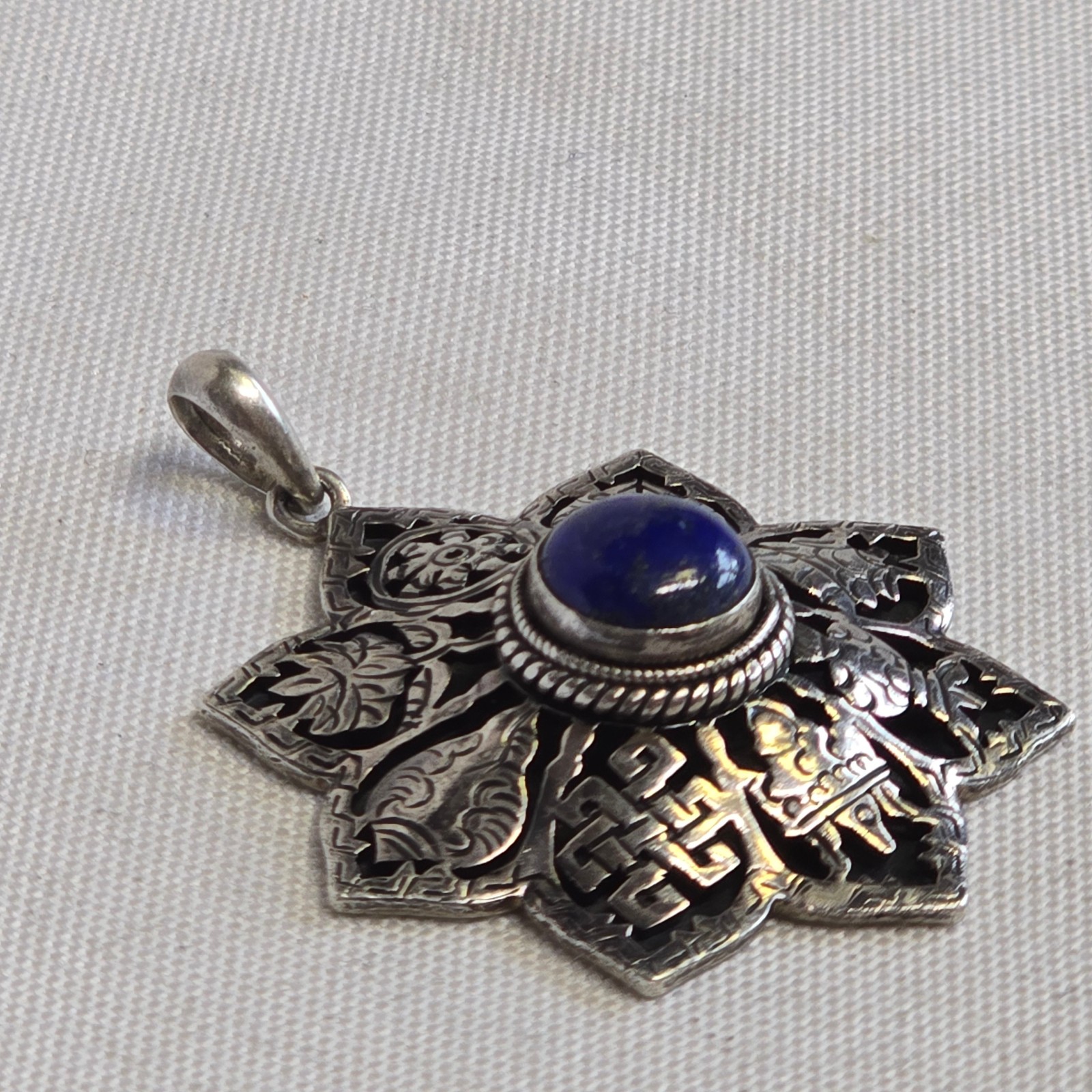 Sterling Silver Pendant 14.93g Jewelry Lapis Look Nepal Symbols Charm *READ*