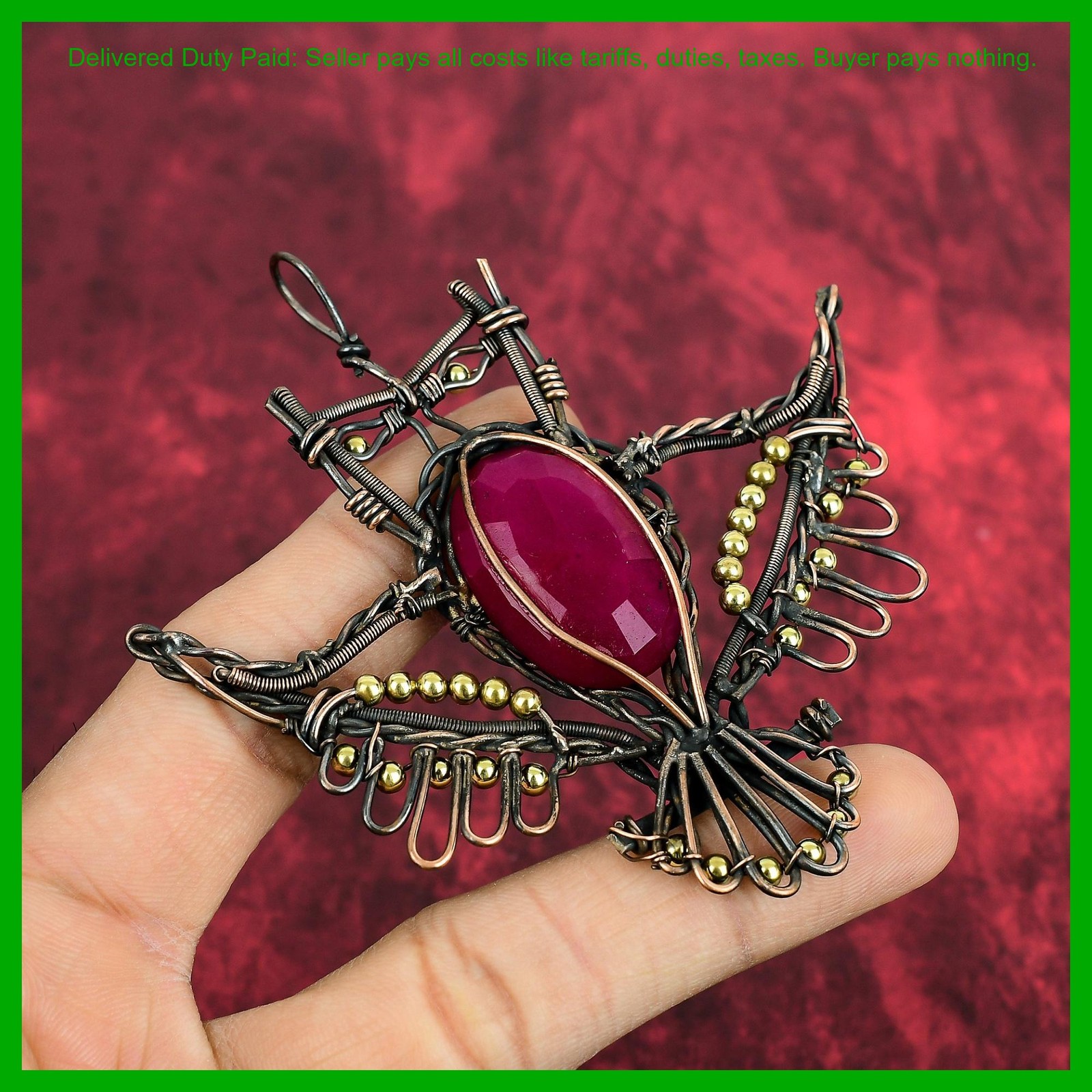 Copper Oval Kashmir Rubi Gemstone Mother Gift Wire Wrapped Owl Pendant Jewelry