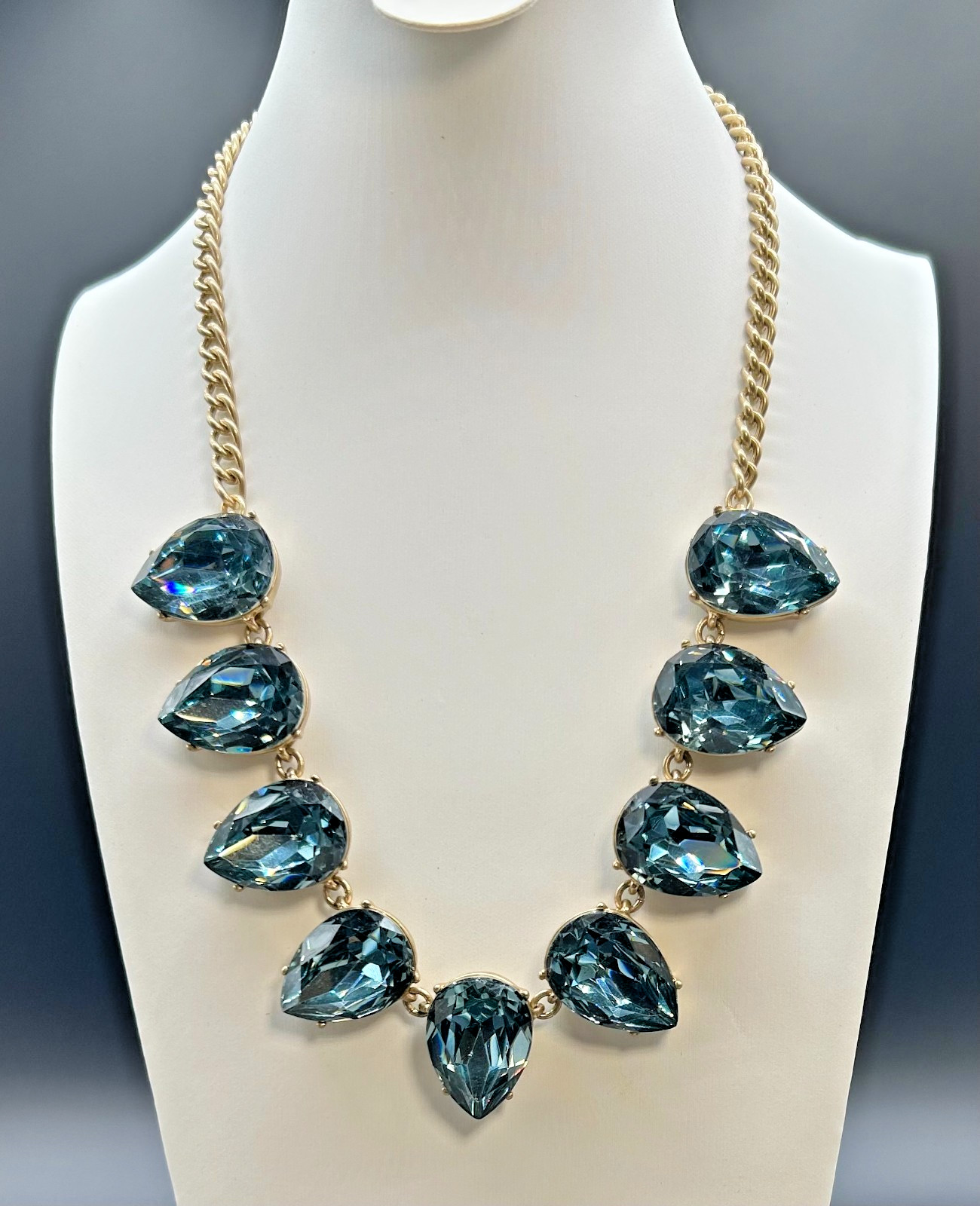 J Crew Crystal Teardrop Statement Necklace Blue Grey Bib Collar Gold Tone NWT