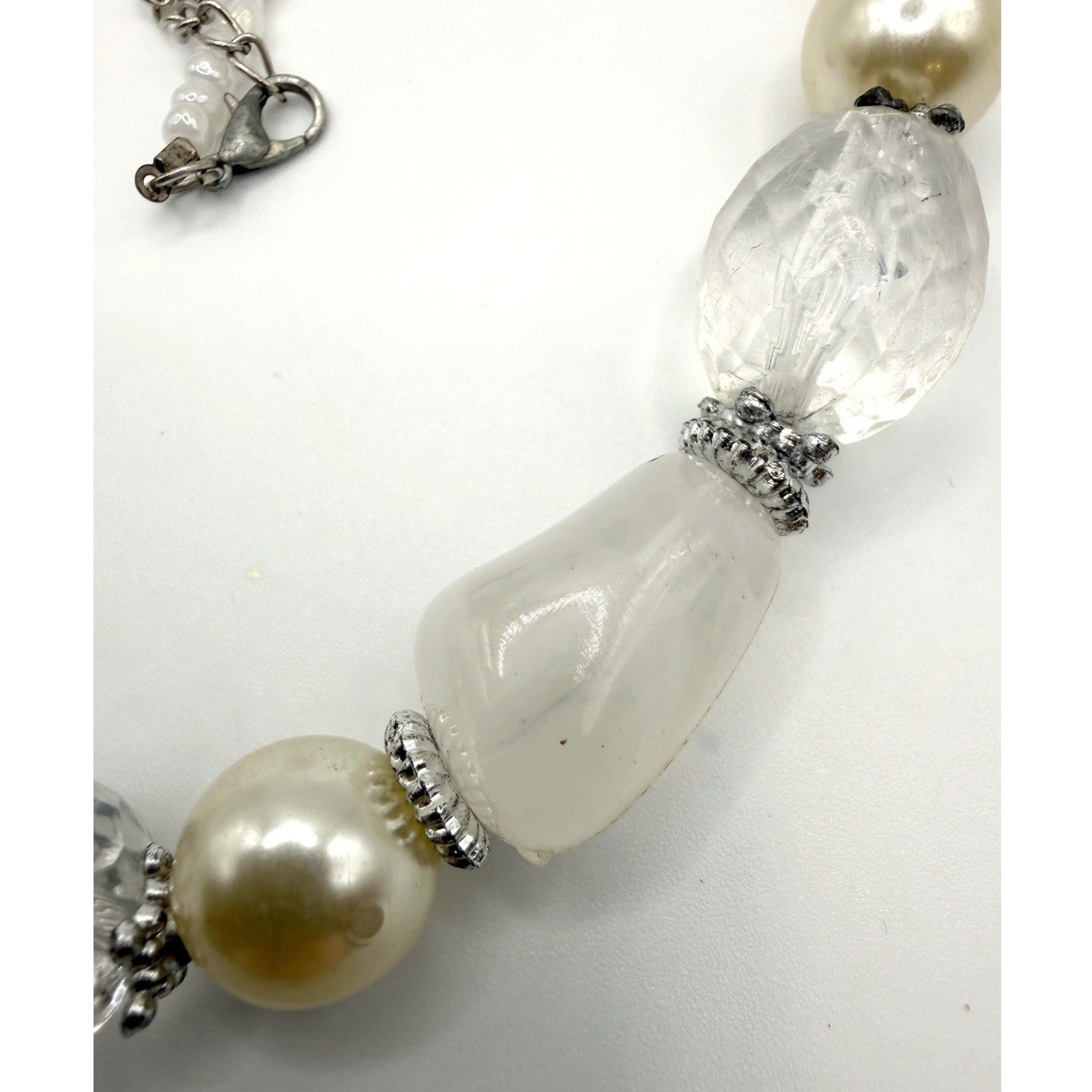 Vintage Chunky Faux Pearl & Clear Crystal Statement Necklace 20″