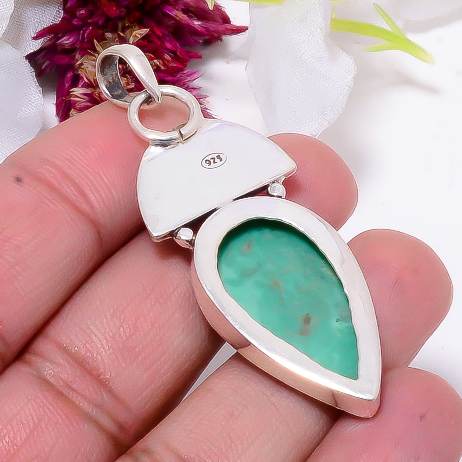 Variscite – Green Turquoise, Rainbow Moonstone 925 Silver Pendant 2.15″ Sku27