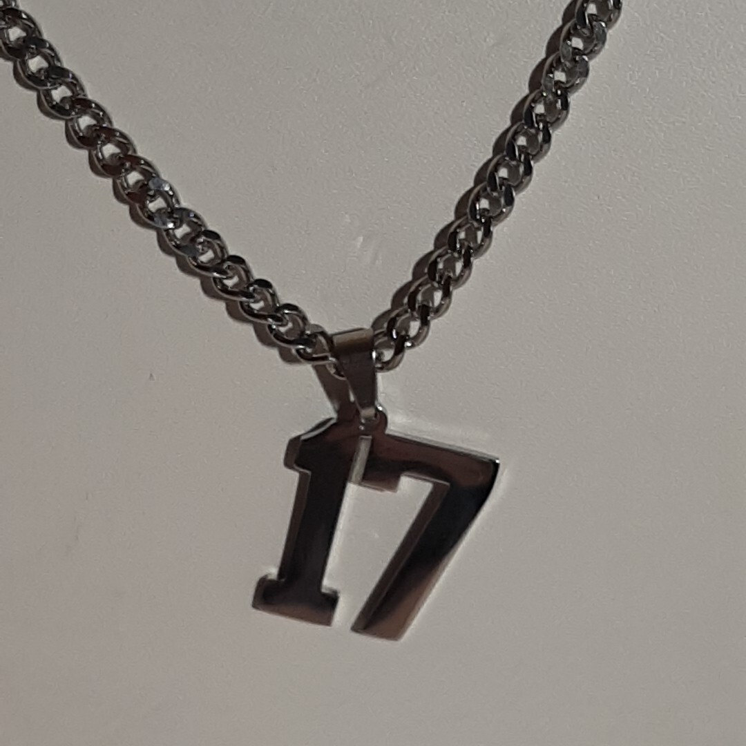 #17 BASEBALL FOOTBALL NUMBER Pendant Charm / 18″-24″ STAINLESS CHAIN NECKLACE