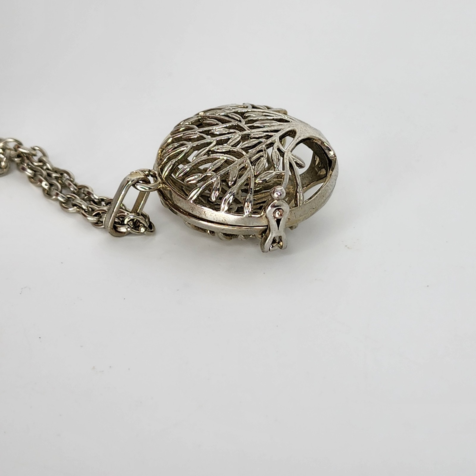 Filigree Tree of Life Locket Necklace Harmony Bell Pendant Silver Tone