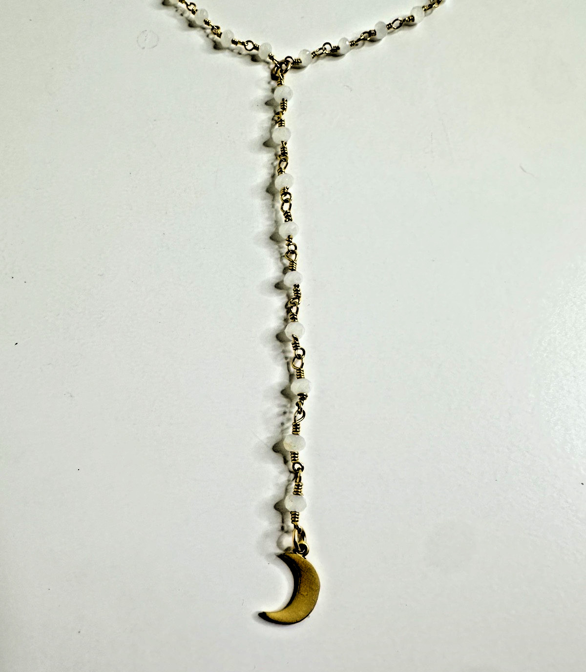 1/20 14k Gold Filled Necklace Dainty Moon Charm White Beads Y Lariat Dangle