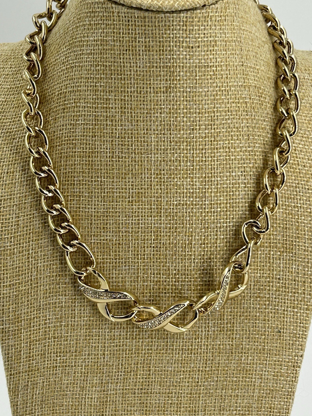 SAQ Gold Tone Chain Link Choker Necklace Womens Eternity Rhinestones 17-20″