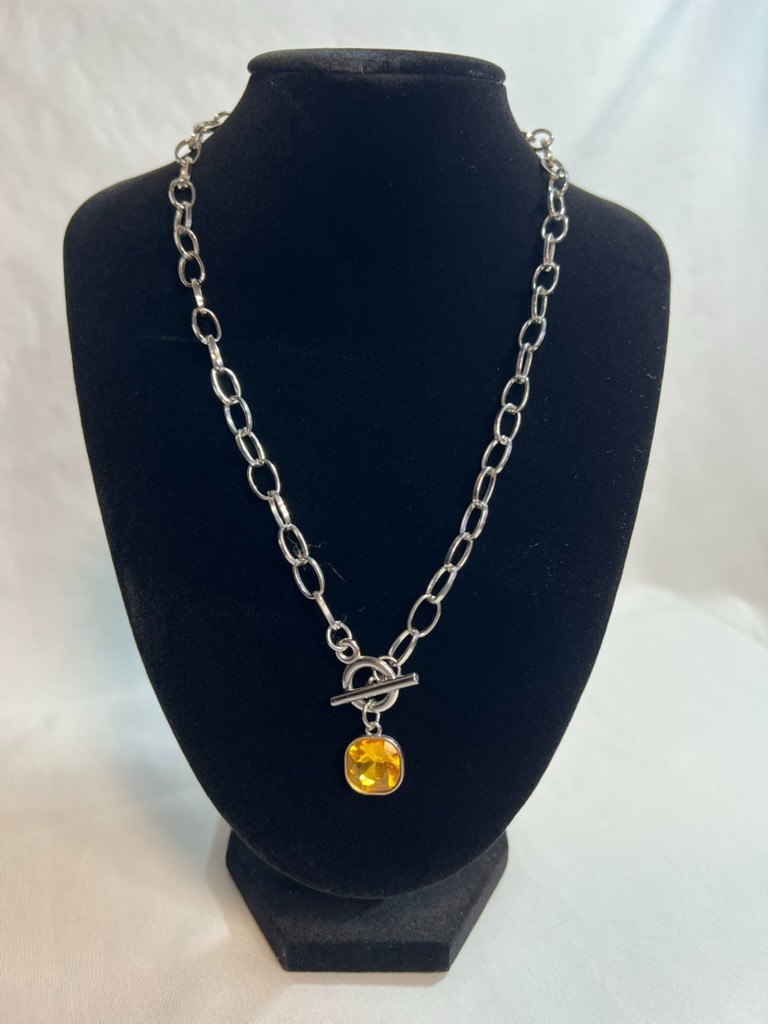 Vibrant Yellow & Silver-Tone Jewelry Set – Necklace, Cuff Bracelet, Hoop Earring
