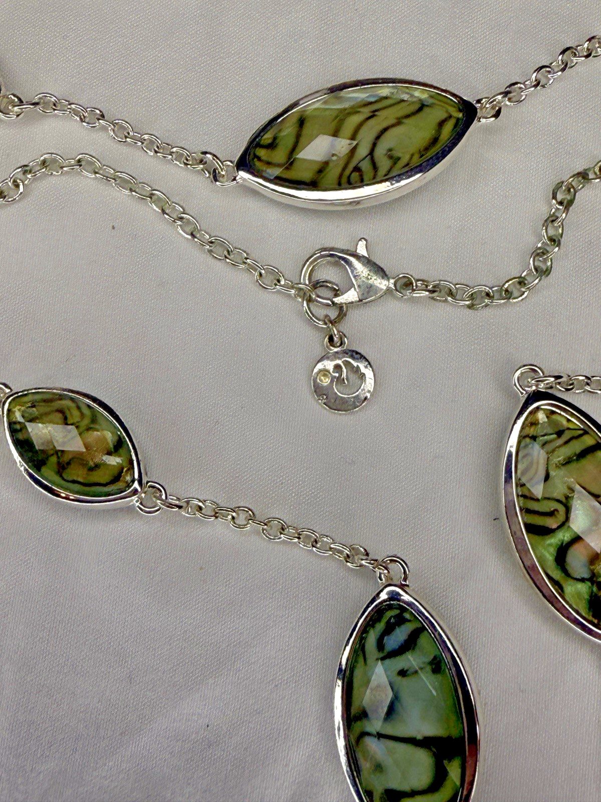 Swarovski 32″ Abalone Shell Crystal Station Necklace Signed Swan Logo Flush Set