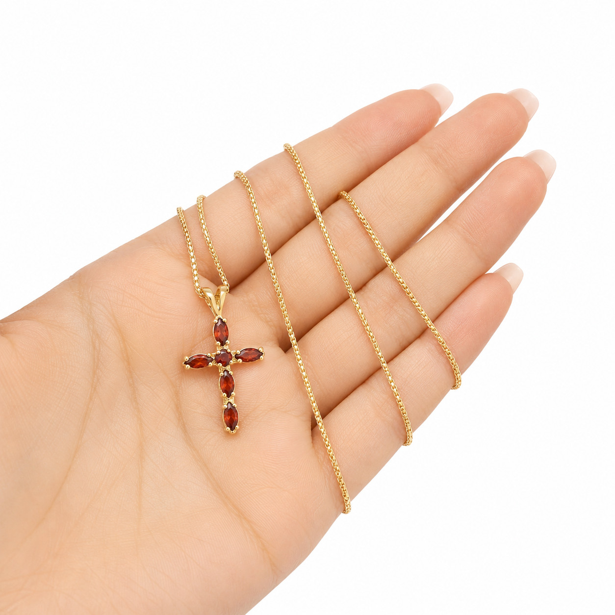 10K Yellow Gold Franco Chain Red CZ Cross Pendant Necklace 1mm 16 18 20 22 Women