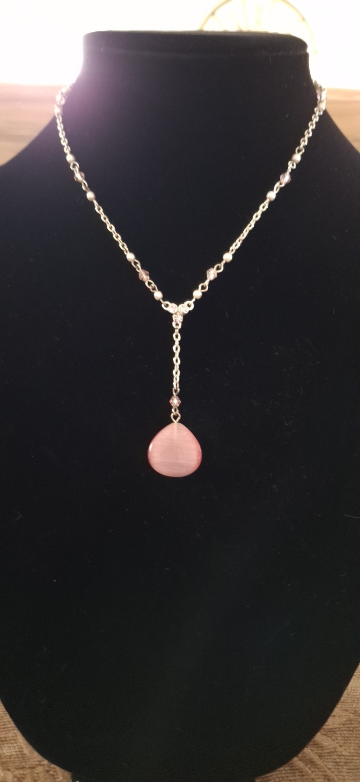 Silver Y-Drop Necklace Pink Teardrop Pendant Lobster Closure Undated Jewelry