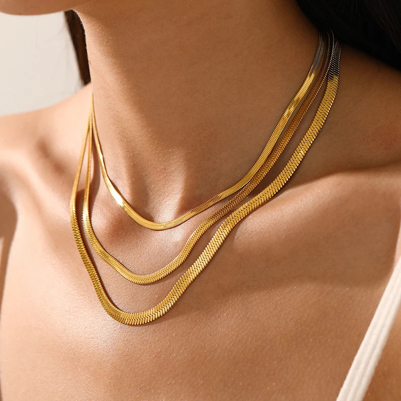 Stainless Steel Snake Chain Choker Necklace Gold Silver Herringbone Unisex Ad