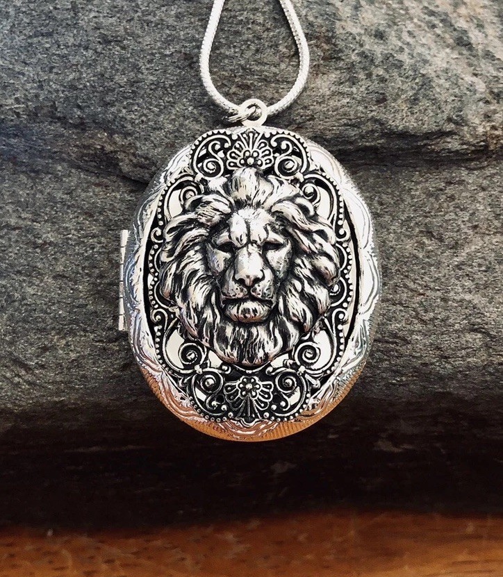 Lion Head Locket Necklace Art Nouveau Photo Pendant, 925 Sterling Silver Chain