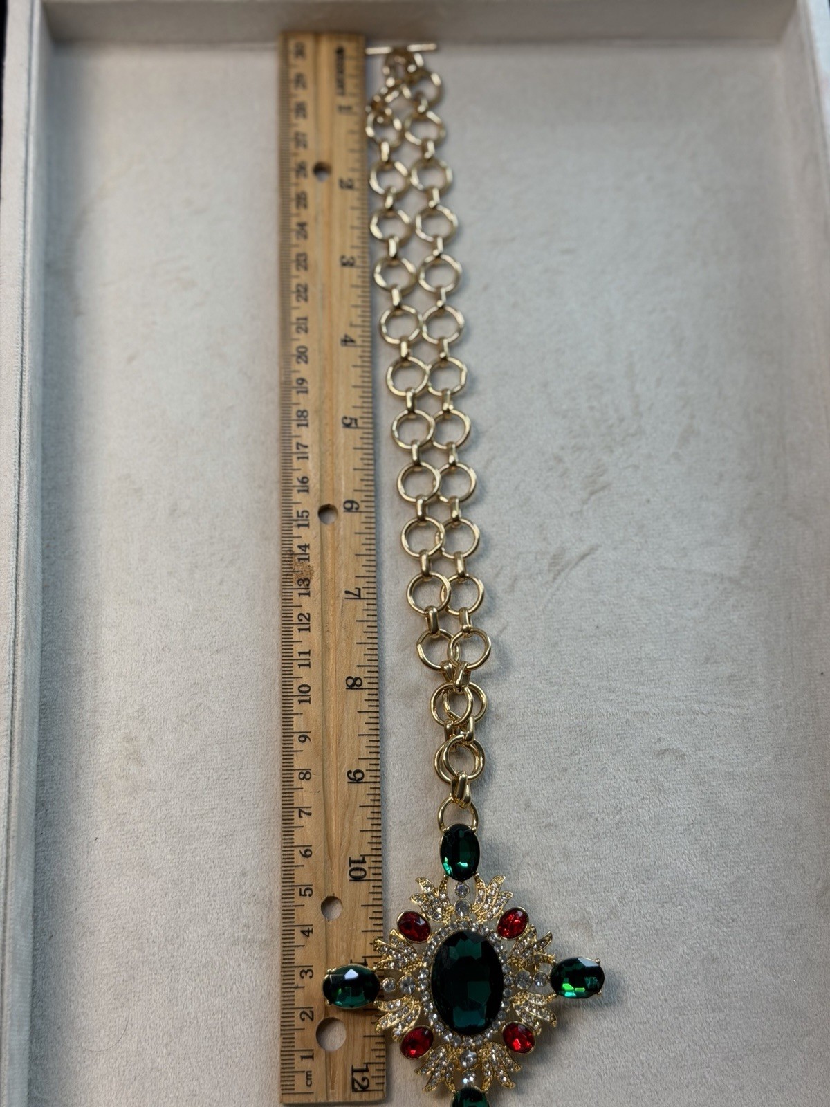Journie Gold Tone Link Chain Cross Pendant Necklace Green Red Crystal Signed