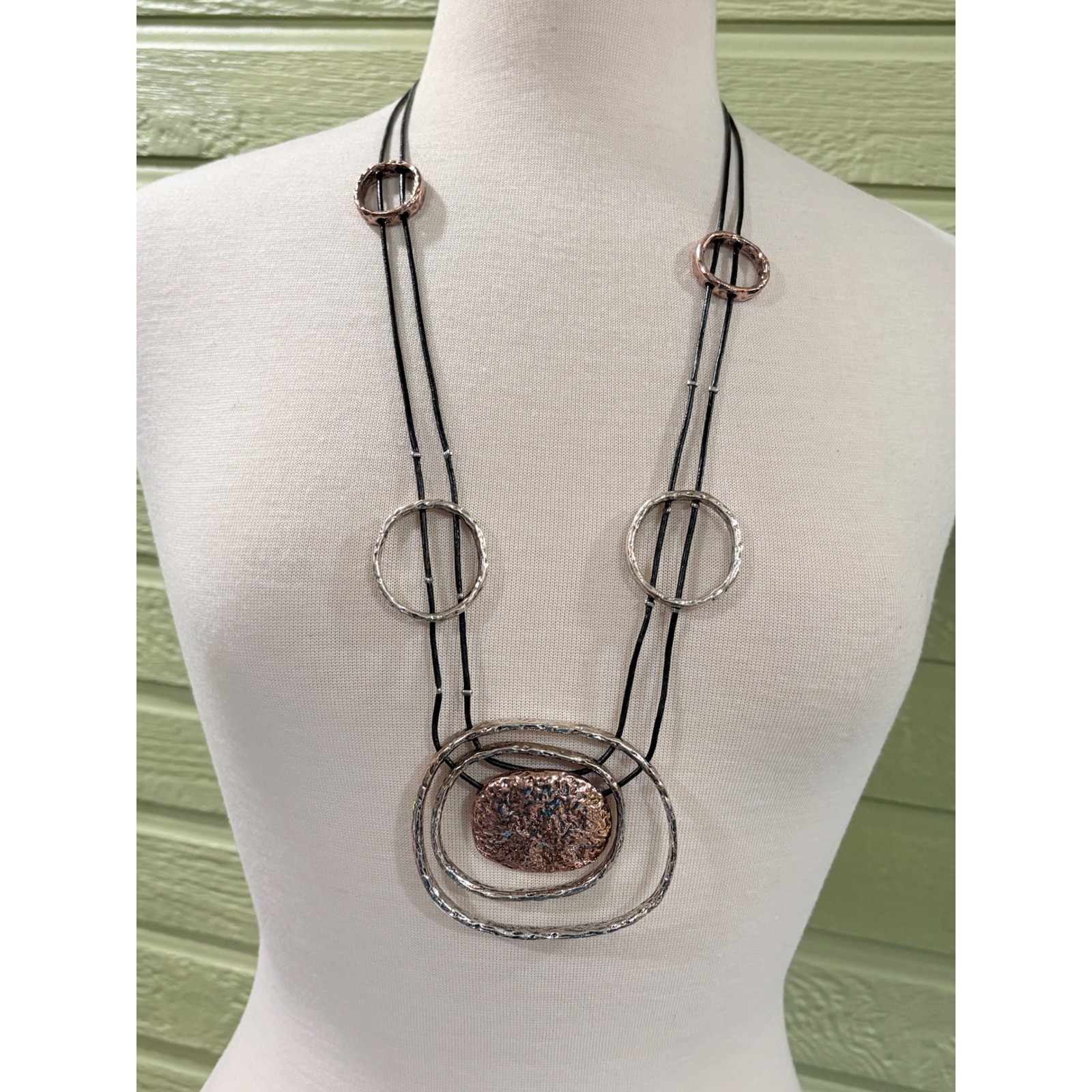 Mixed Metal Hammered Geometric Statement Necklace Silver Copper Tone Black Cord