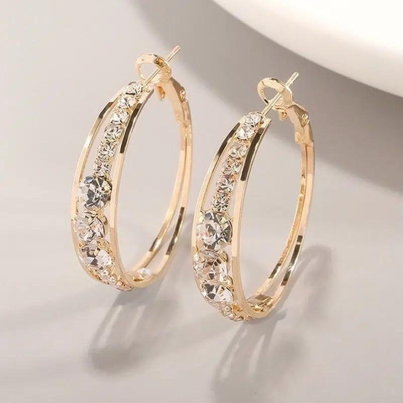 Gold Color Zircon Pierced Hoop Earrings – New