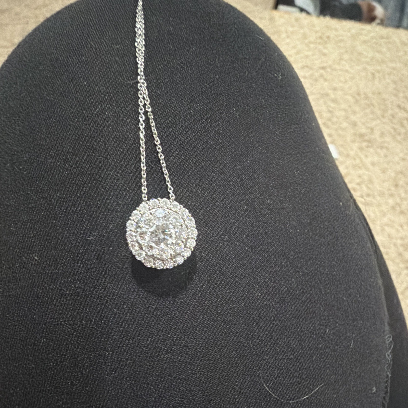 Silver Tone Round Halo Crystal Pendant Necklace w/ Cable Chain, White/Colorless