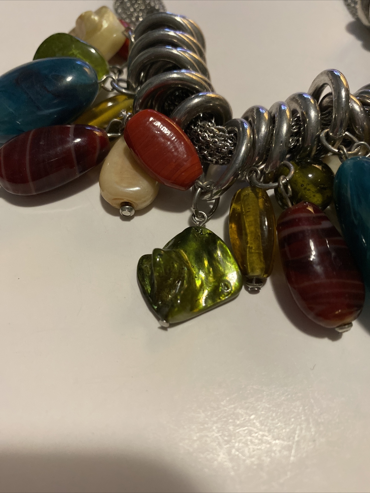 VTG Necklace Chunky Silver Tone With Glass, MOP And Other Unknown Stones By NY