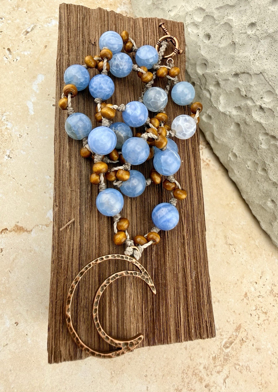 Copper Moon Pendant Necklace w/ Blue Banded Crackle Agate Crystal USA Artisan