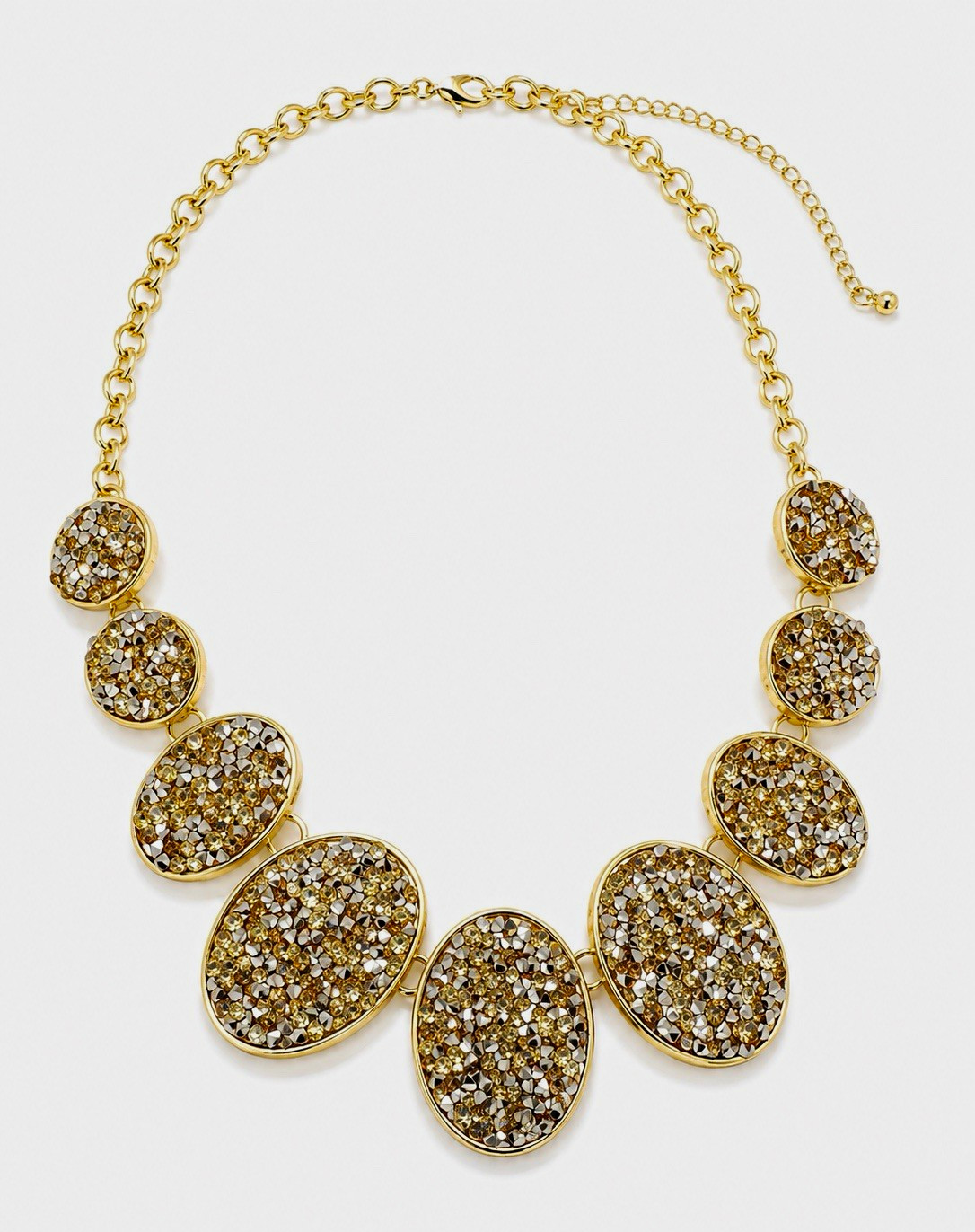 Gold Tone Statement Bib Necklace Oval Clear Crystal Rhinestone Pavé Adjustable