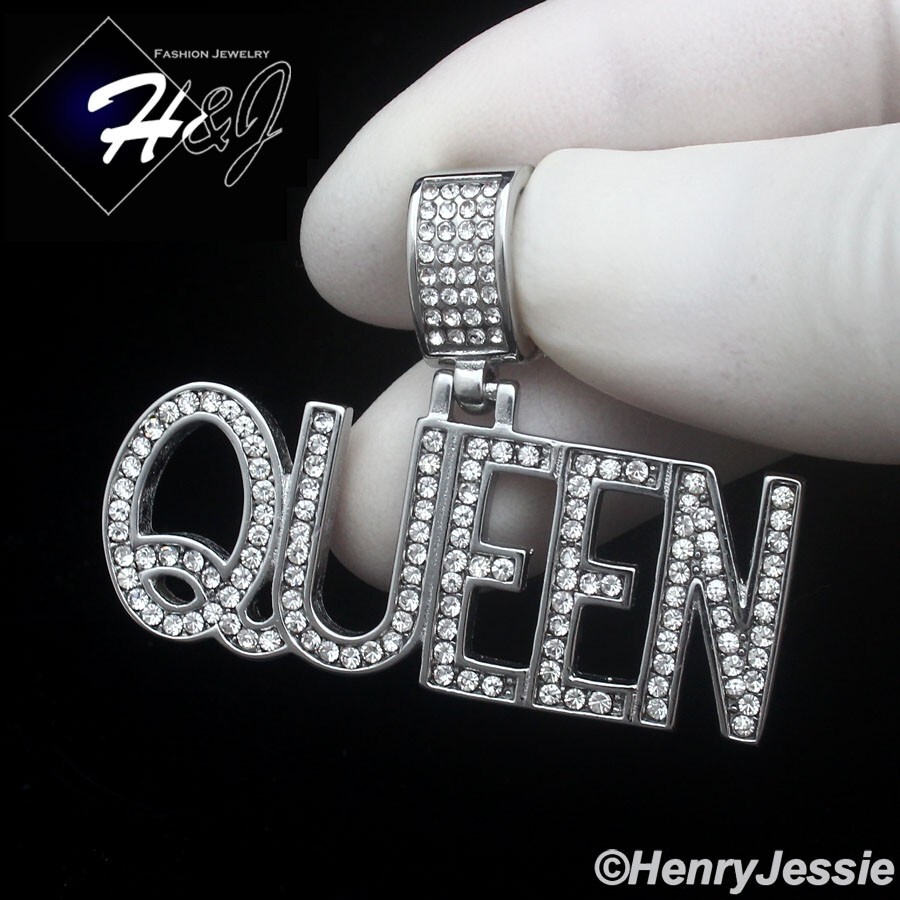 WOMEN’s Stainless Steel ICY Bling CZ 3D HipHop “QUEEN” Letter Pendant*P149