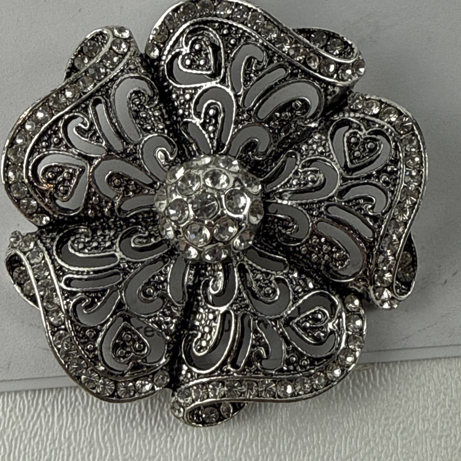 Wearable Art By Roman Silver Flower with Rhinestones Magnetic Closure NWT