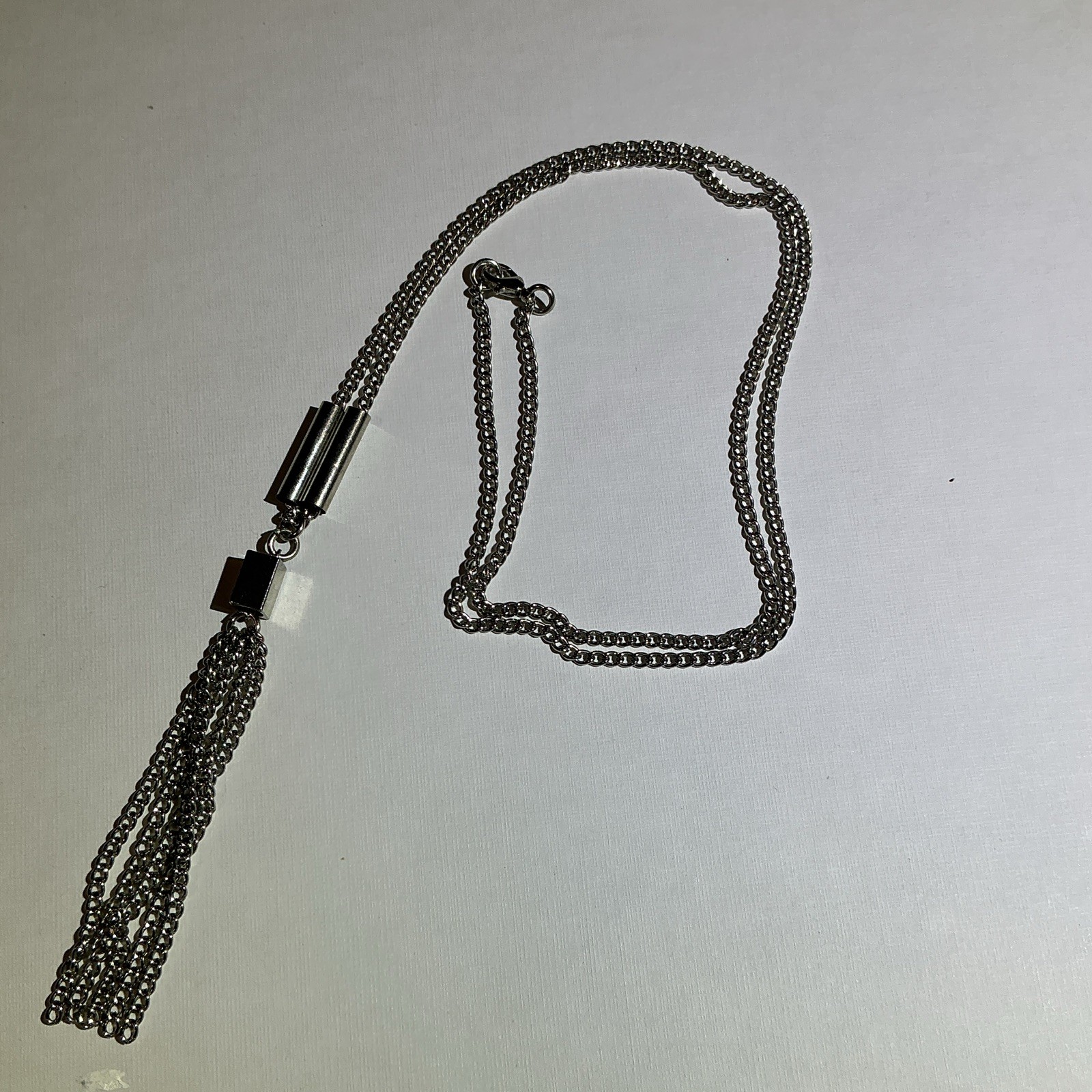 Silver Tone Cable Chain Square Tassel Pendant Necklace Lobster Clasp 34 in