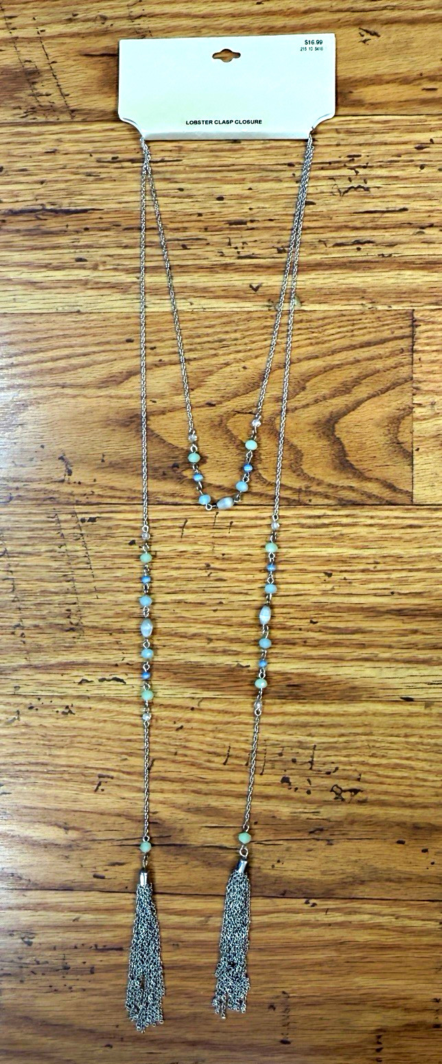 Bohemian Silver Tone Tassel Necklace Cable Chain Round Blue/Green Beads