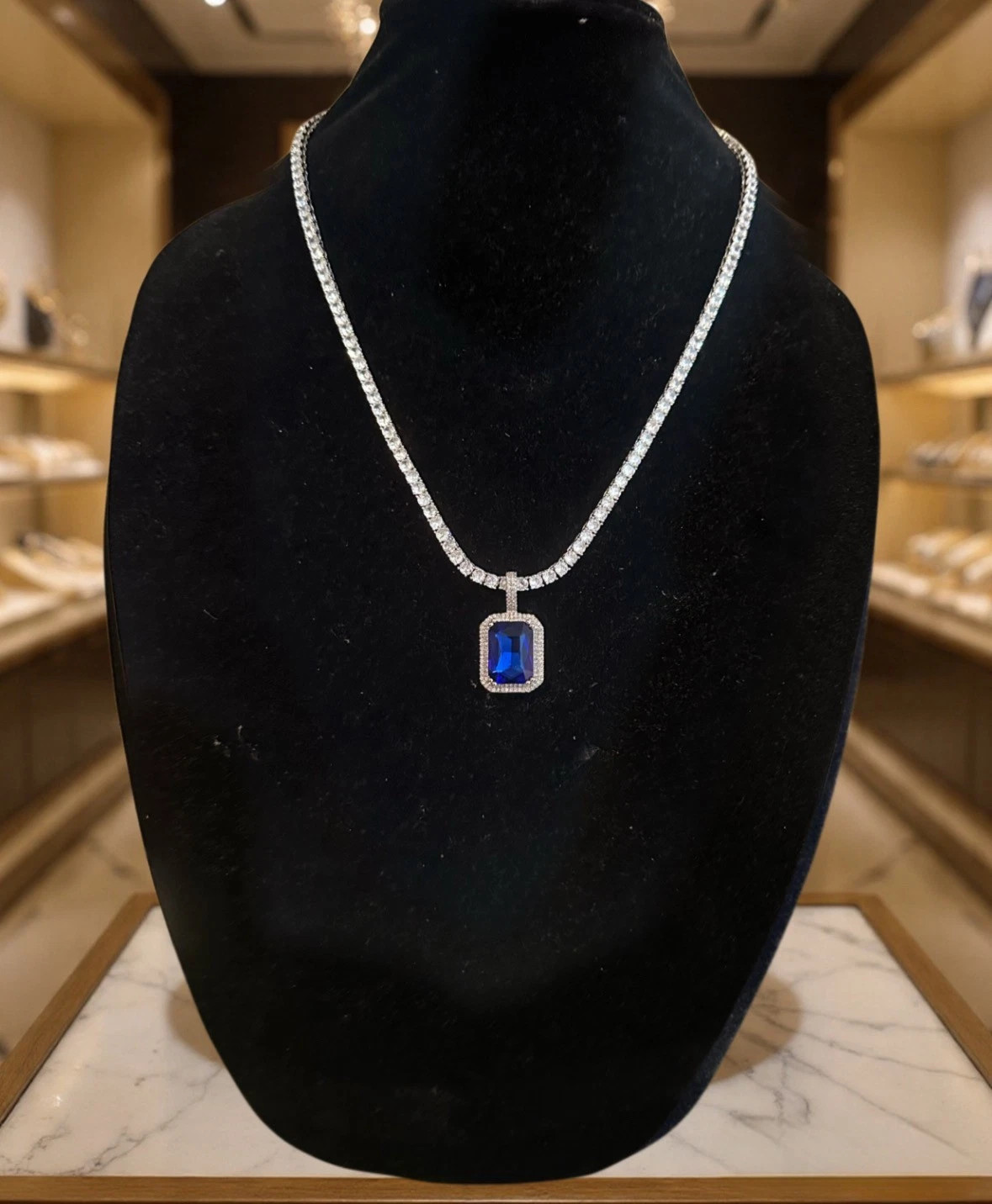 BLUE RUBY Sapphire Pendant Tennis 75.8ct Lab Sim Gem Diamond Chain Necklace