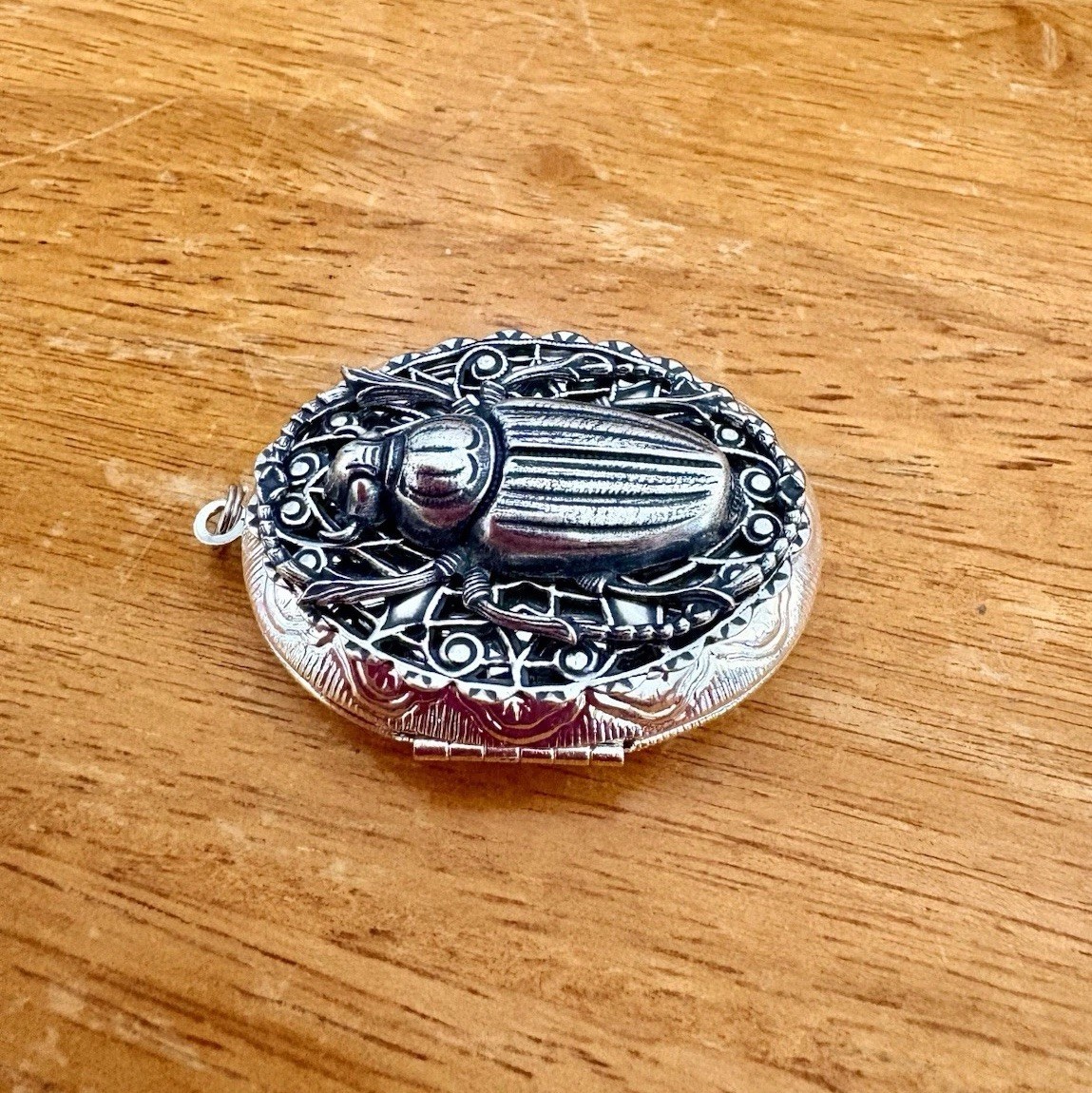 Scarab Beetle Locket Necklace, Memorial Ashes Photo Keepsake Art Nouveau Pendant