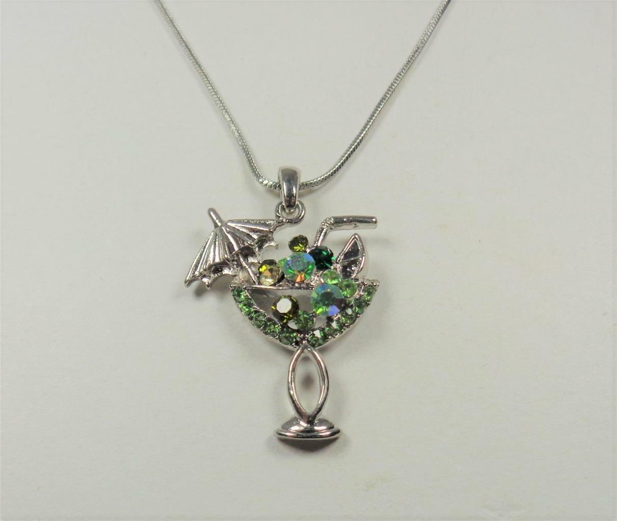 BEACH FASHION GREEN MARGARITA COCKTAIL DRINK CRYSTAL & RHODIUM PENDANT NECKLACE