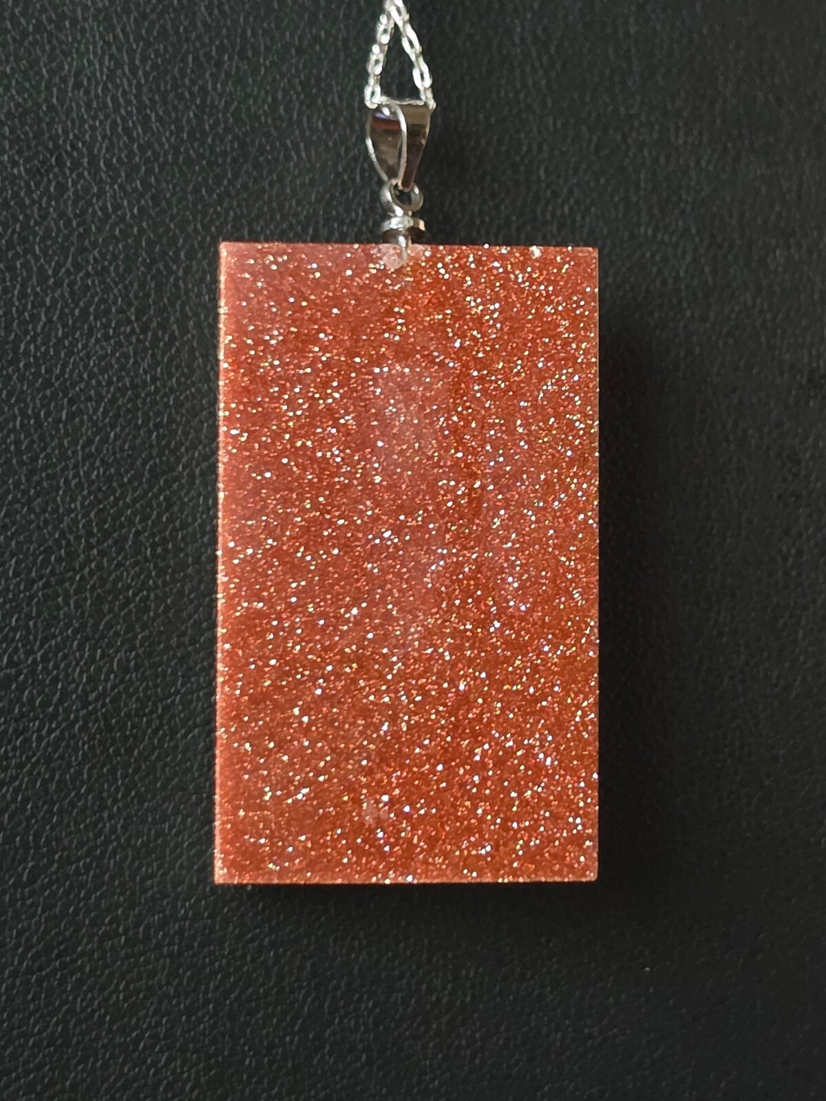 Goldstone Pendant Blue Orange Glitter Glass Geometric Rectangle 1.75″