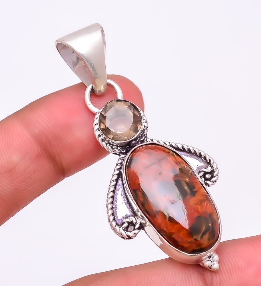 Natural Red Jasper, Smokey Quartz Gemstone 925 Silver Plated Pendant 2.2″ T305