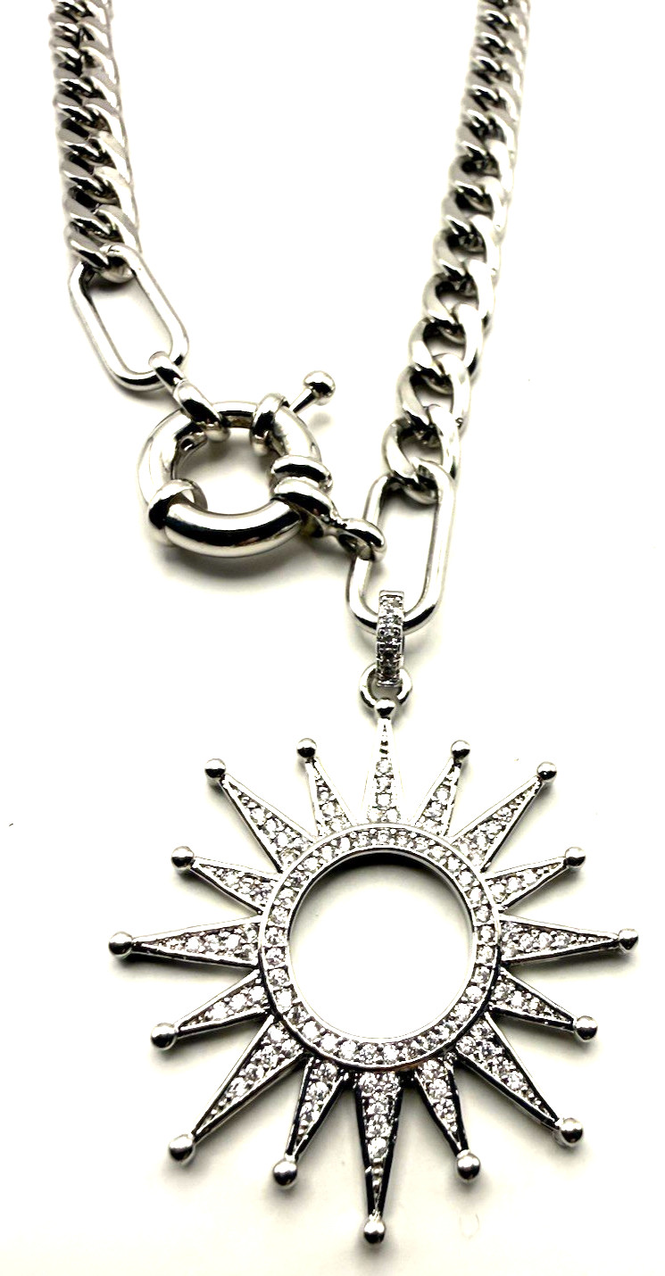 MELANIA CLARA 17″ Silver Tone Crystal Sunburst Pendant Front Clasp Necklace