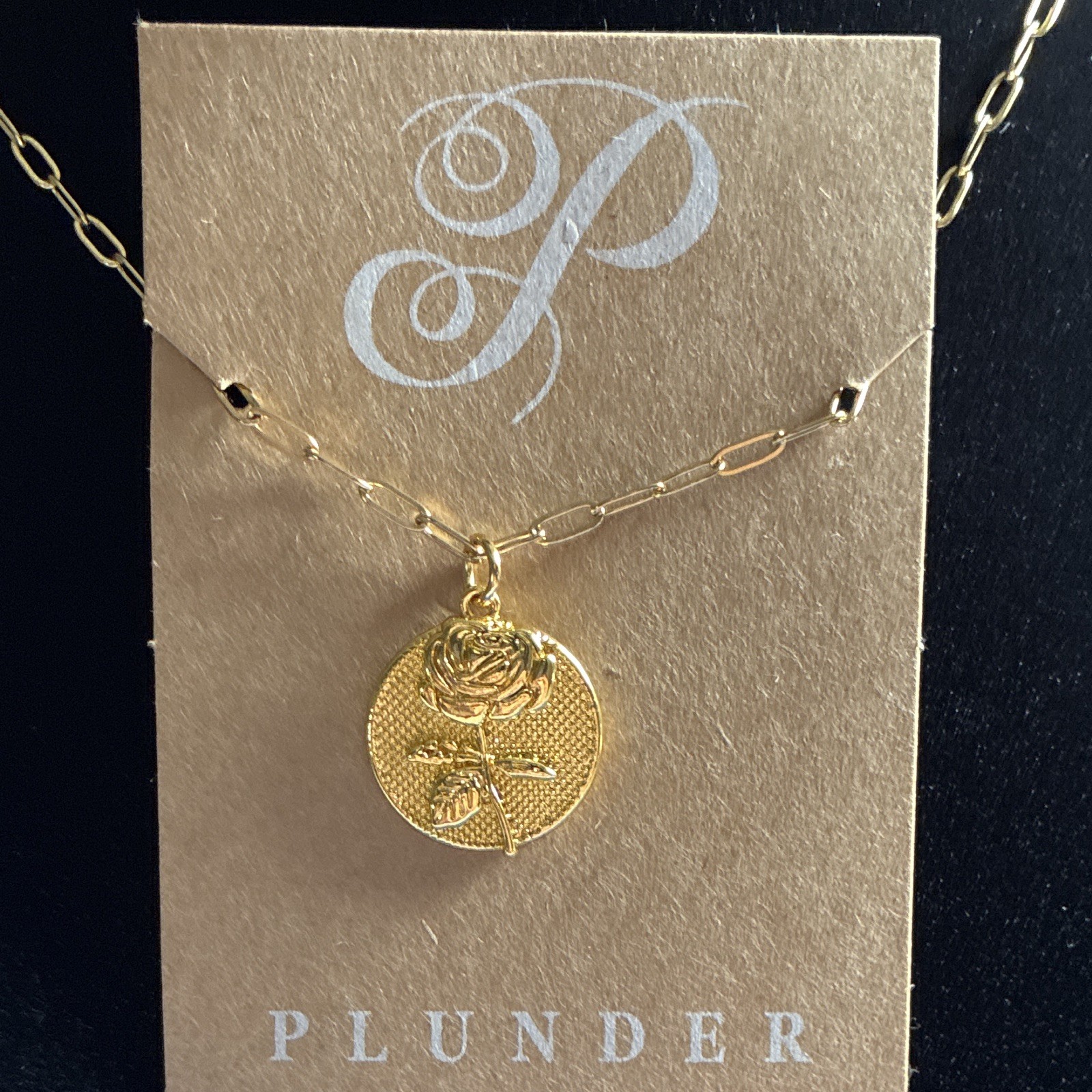 Plunder Gold Tone Round Rose Charm Pendant Link Chain Necklace