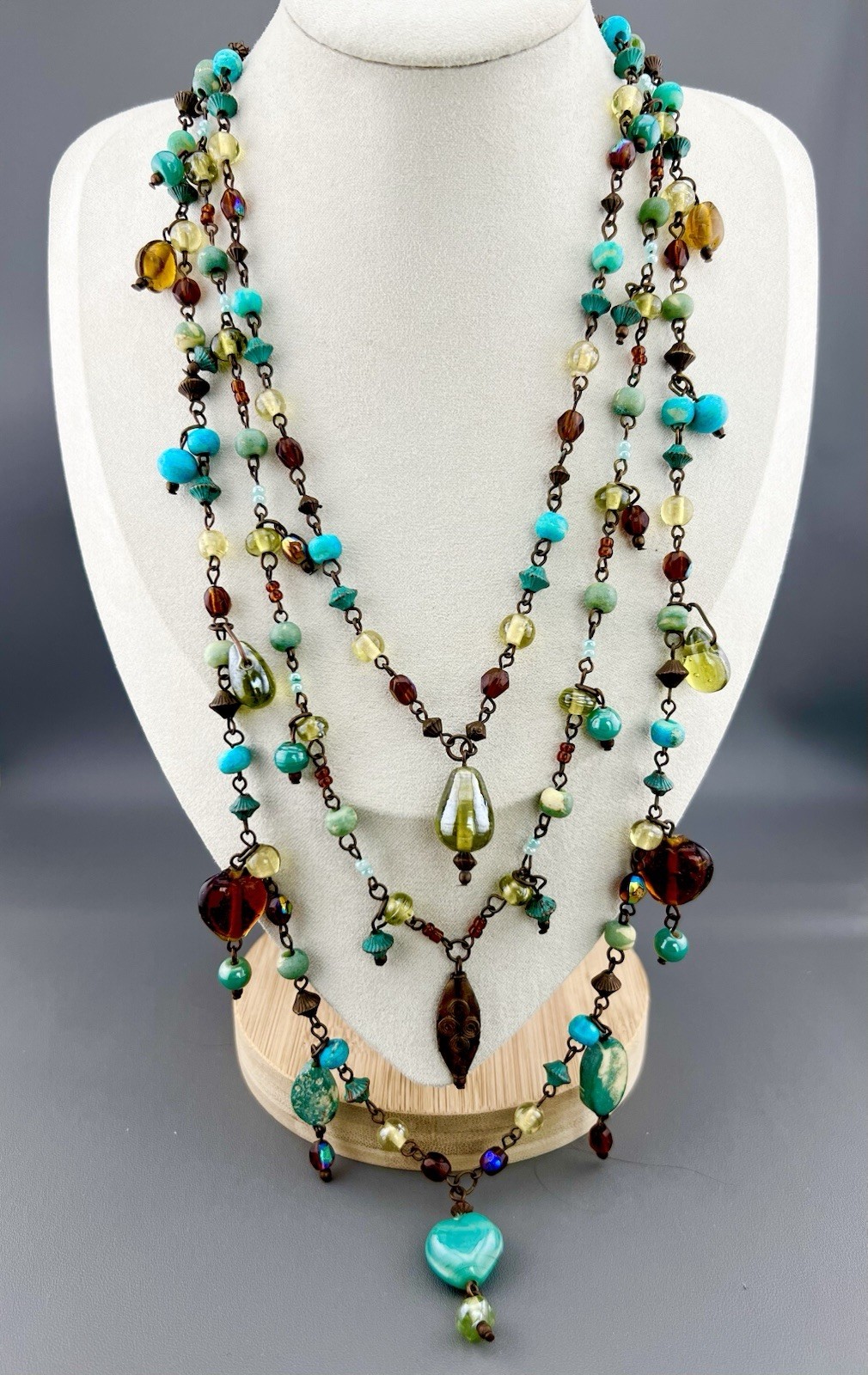 Layered Beaded Necklace Boho Blue Brown Green Glass Multi Strand Bronze Tone 18”