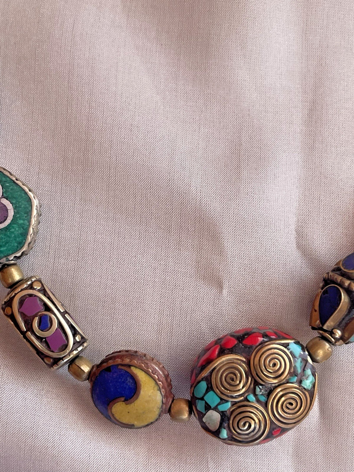 Multicolor Brass Semi Precious stones Inlay Work Nepal Bead Necklace 18” Length
