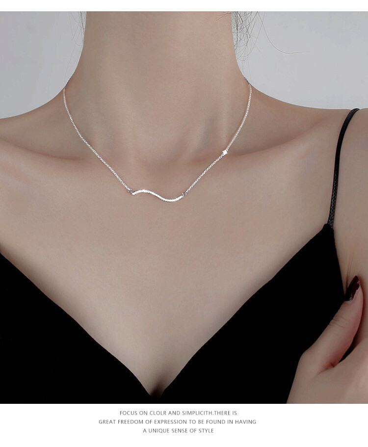 Silver S-shape Wave Pave Cubic Zirconia Pendant Chain Necklace