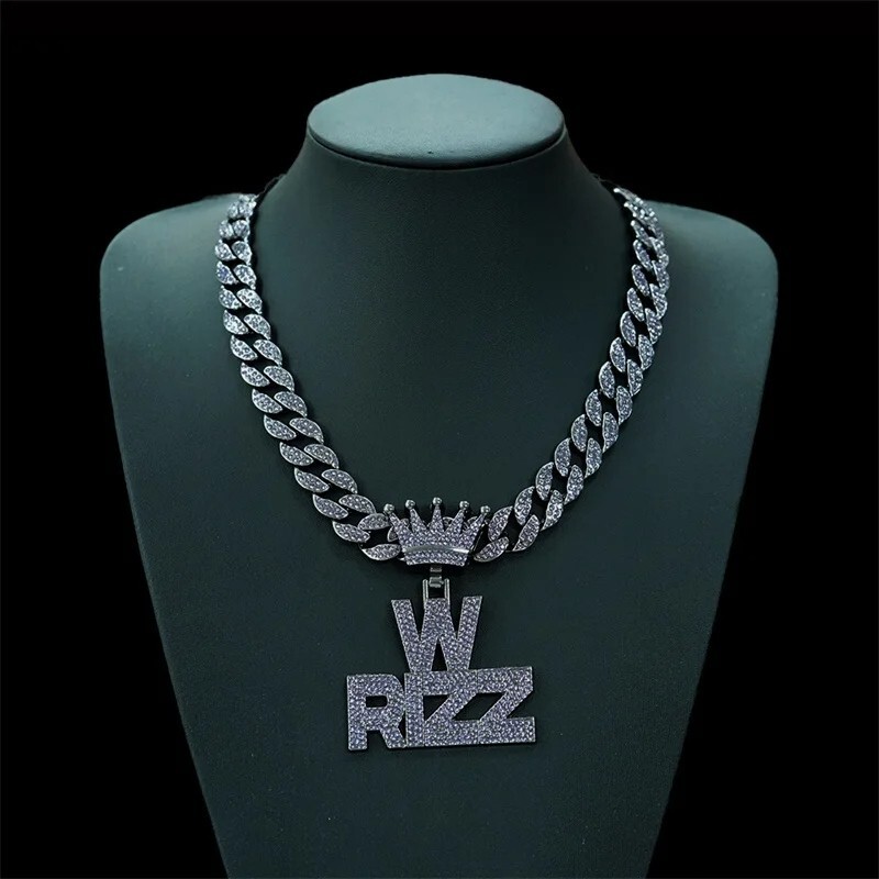 Iced W Rizz Crown Pendant Necklace CZ Bling Hip Hop Miami Cuban Link Chain Mens
