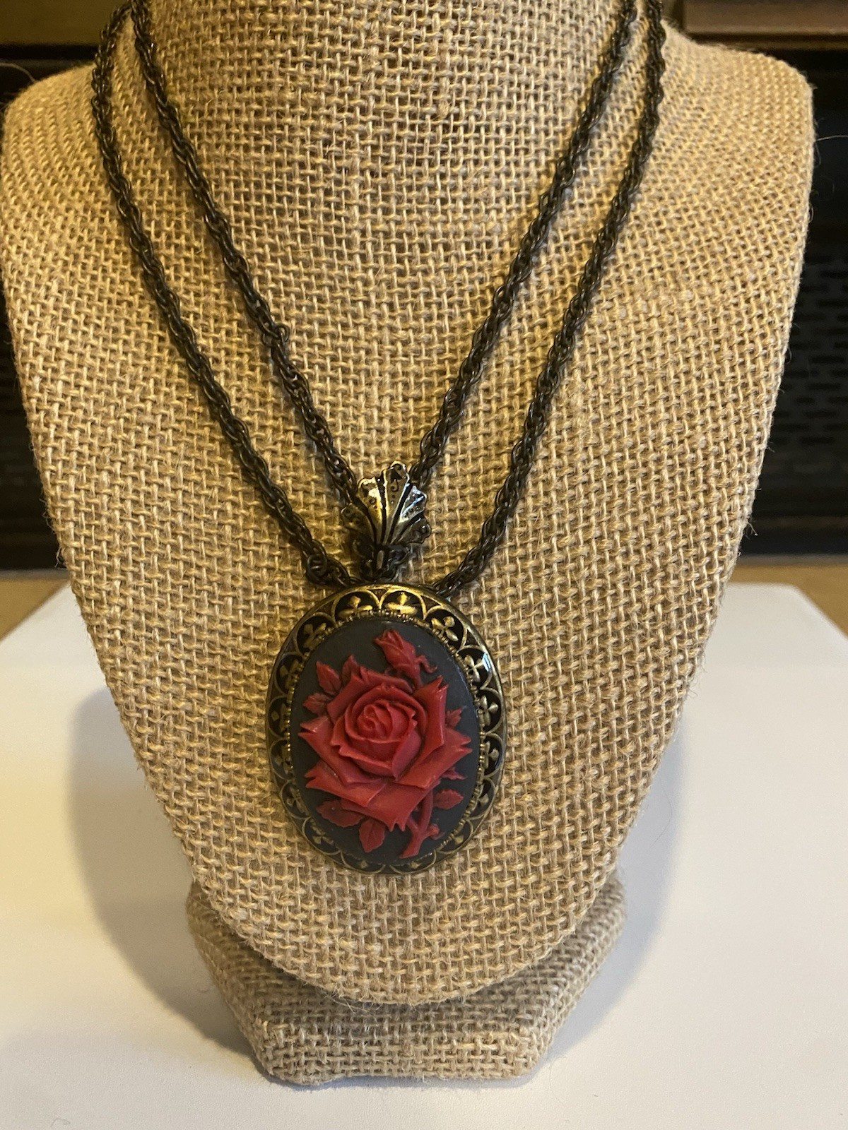 Sweet Romance USA Red Rose Double Strand Statement Necklace Antique Gold