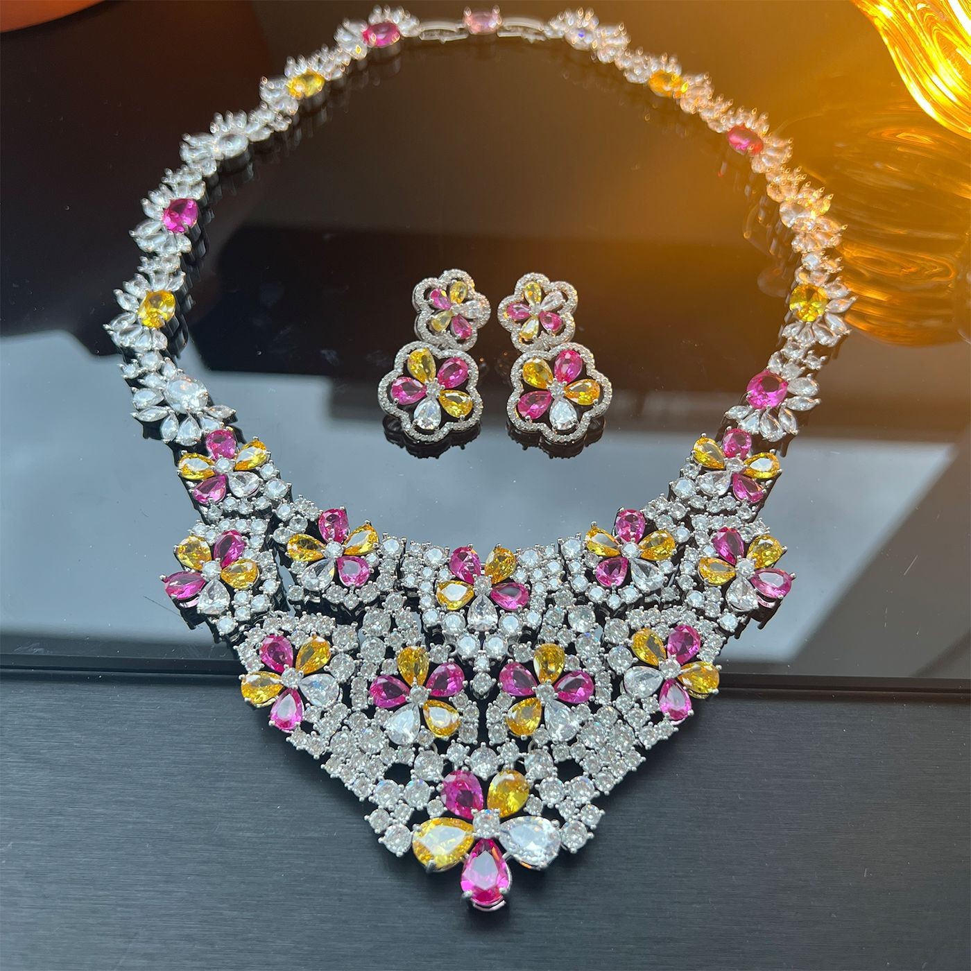 Statement Jewelry Set Zircon Necklace Drop Earrings Womens Fashion Accessory