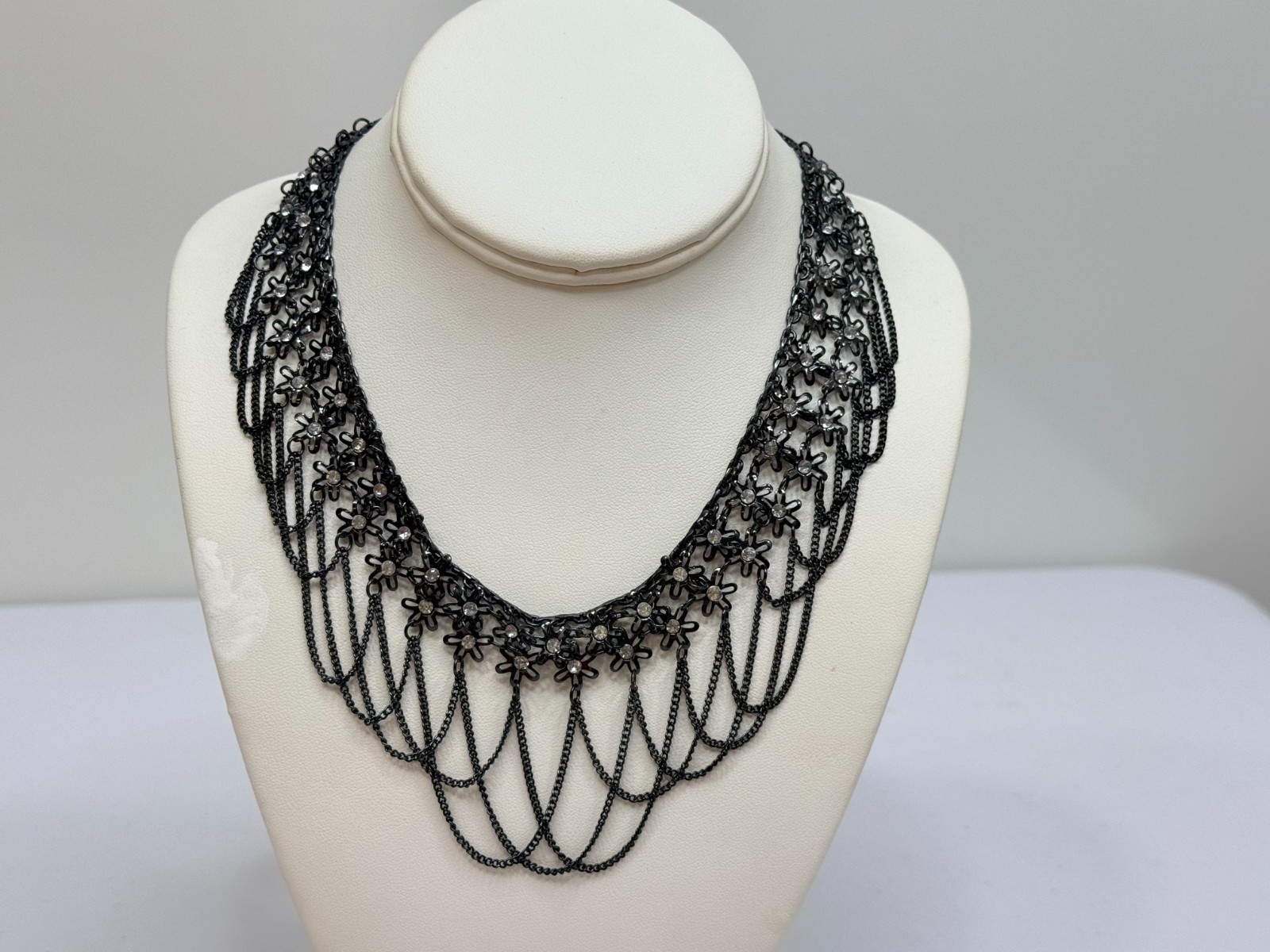 Stunning Statement Choker Necklace Goth Black Chains Clear Rhinestones 16-20 in