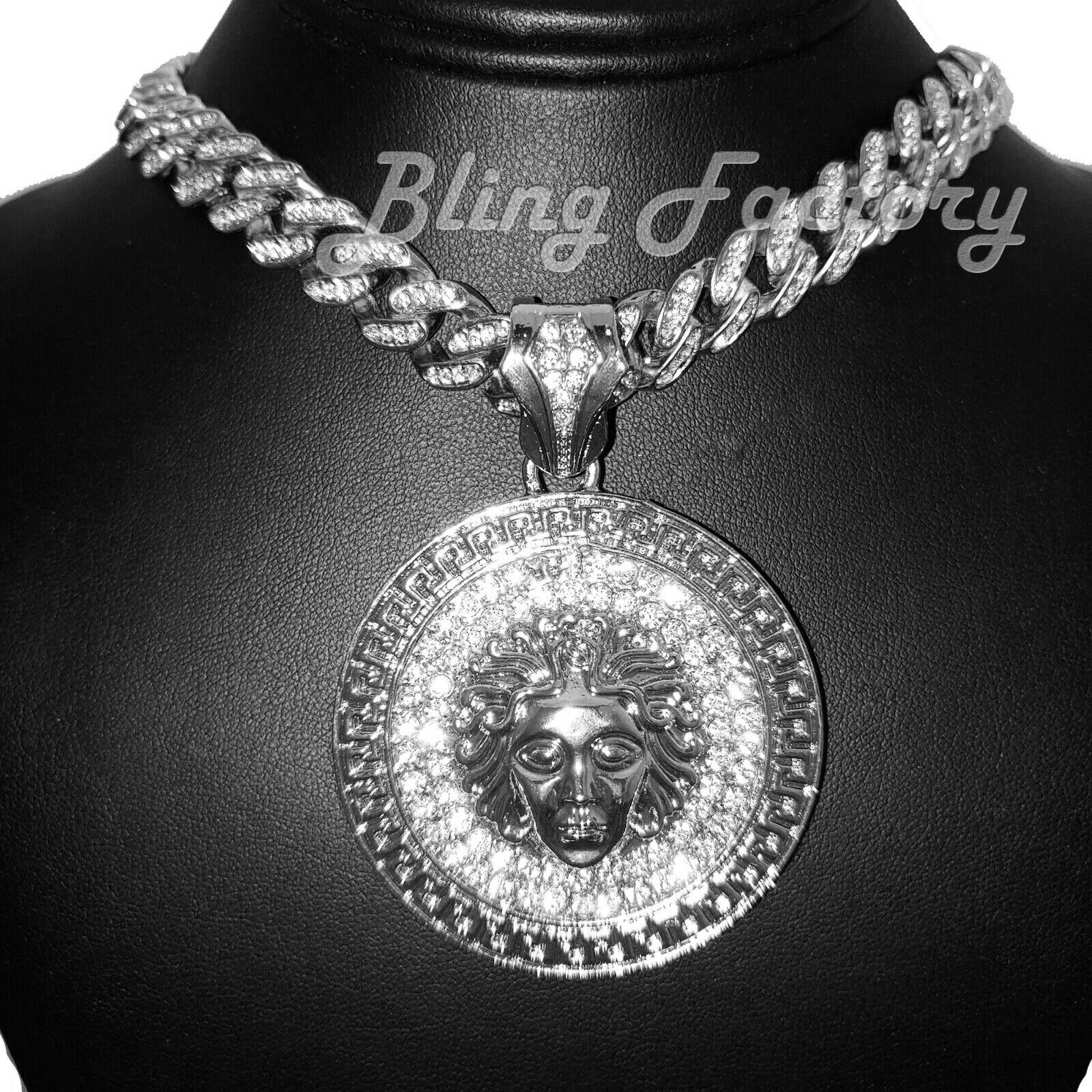 Hip Hop Silver Medusa Head Pendant & 16″ 18″ 20″ Full Iced Cuban Chain Necklace