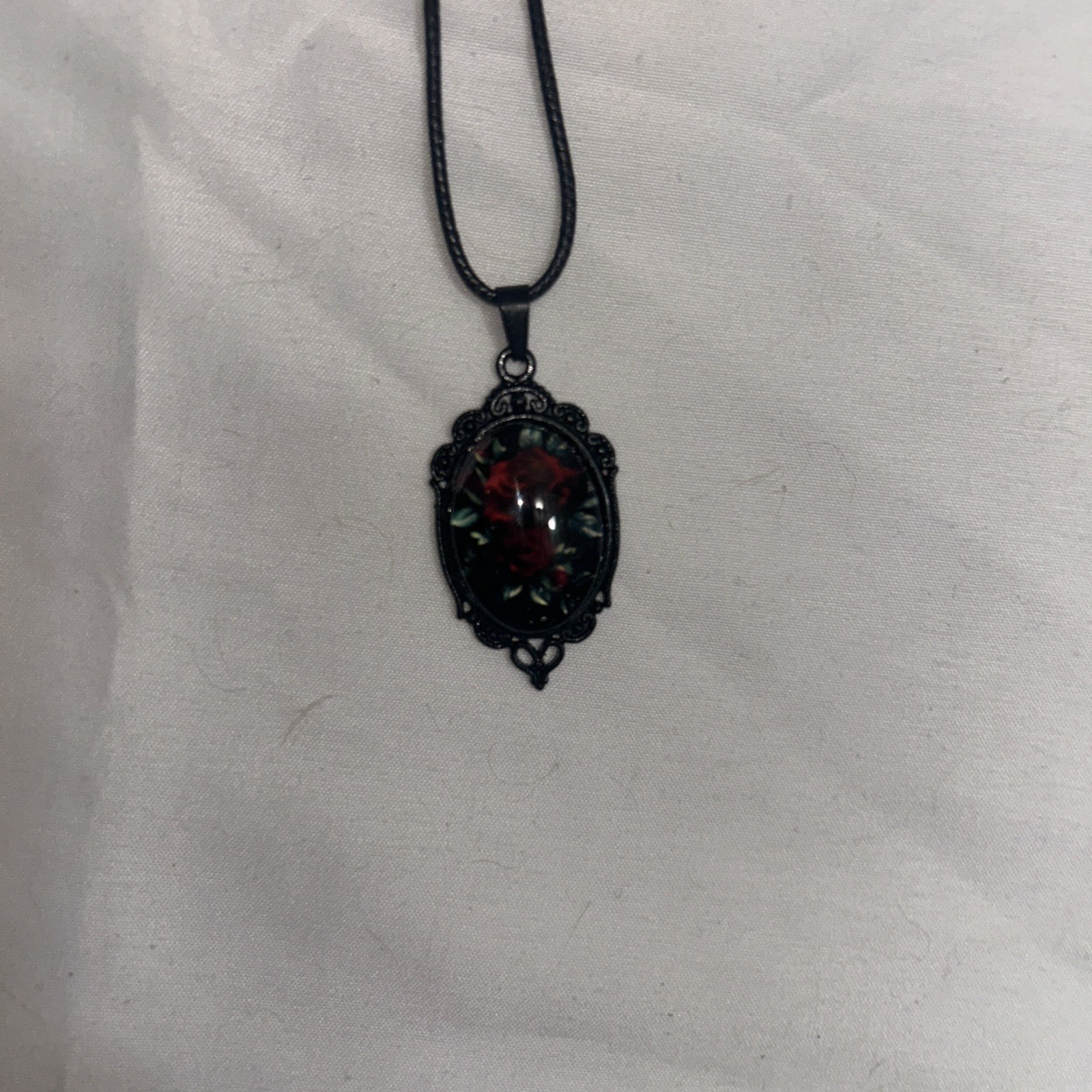 Black Chain Necklace with Burgundy Red Rose Cameo Pendant 20” Long W/extension