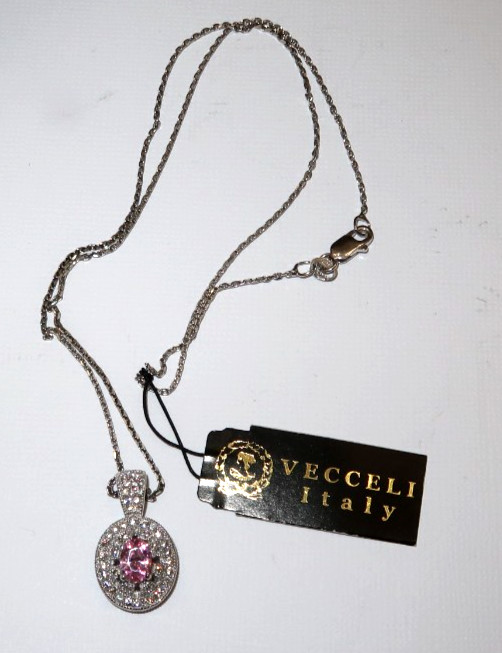 Vecceli Italy Sterling and Pink and Clear CZ Necklace