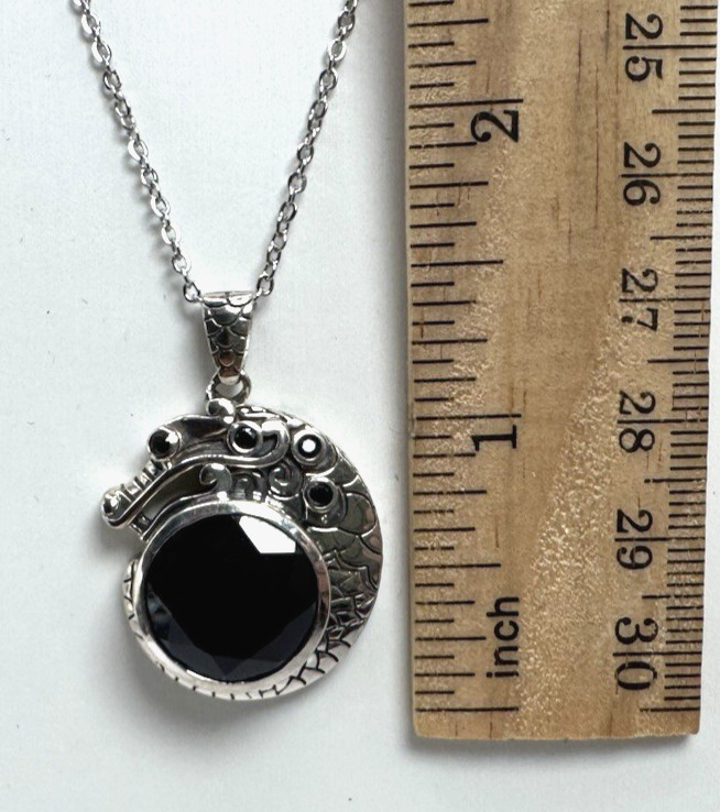 925 Sterling Silver Dragon Pendant Necklace 15mm Thai Black Spinel steel chain