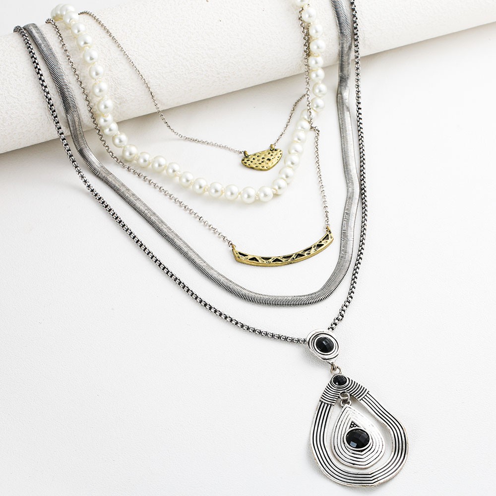 Boho Multi-strand Necklace Vintage Pearl Teardrop Pendant Jewelry For Women